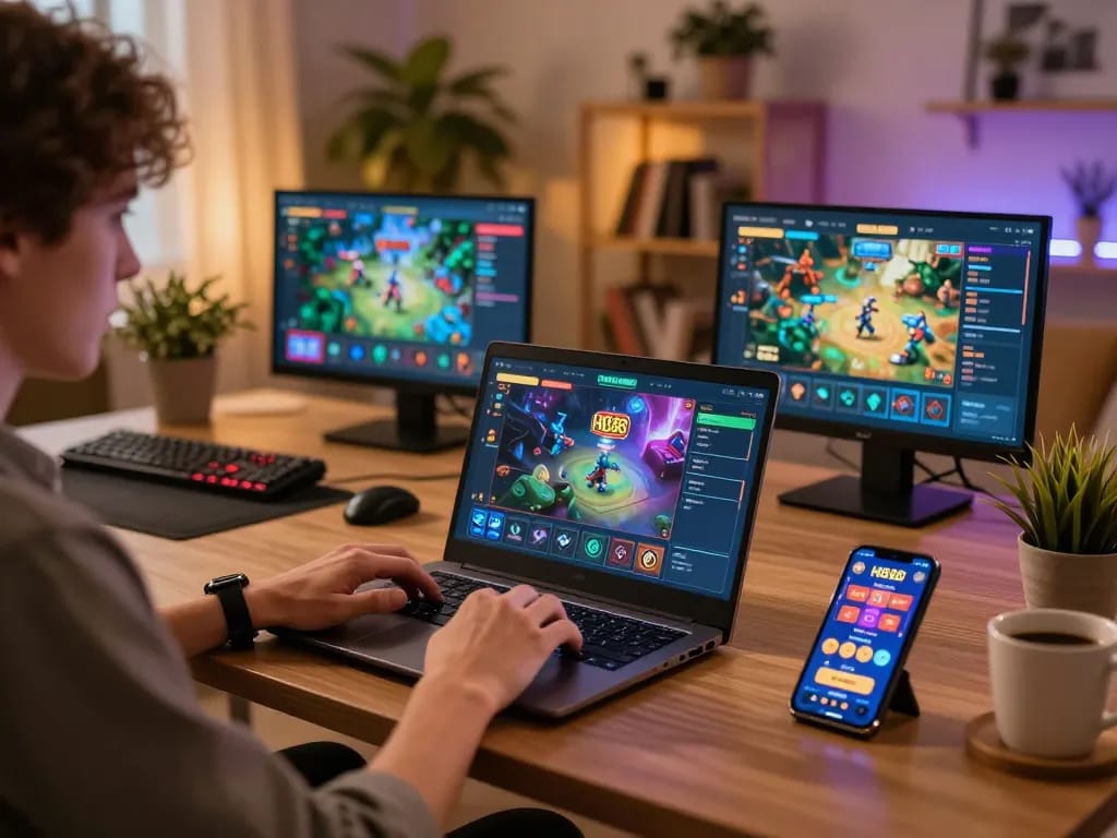 Play HB88 online casino on a laptop in a cozy home environment, showcasing immersive gaming.