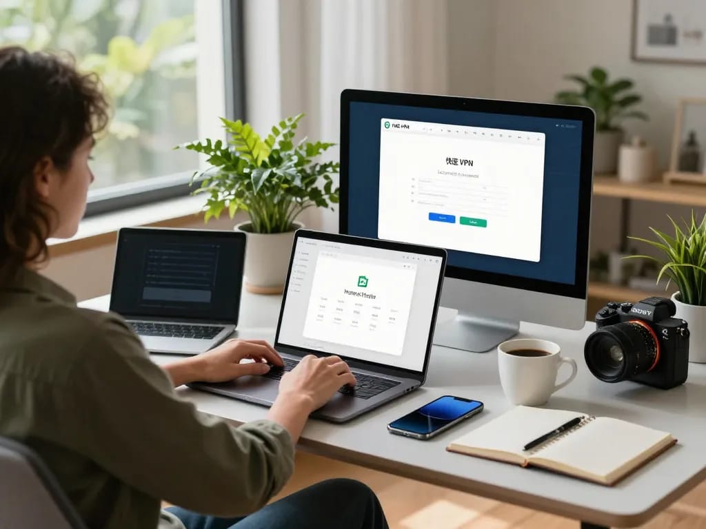 快连 VPN user enjoying a fast and secure online experience in a modern workspace.