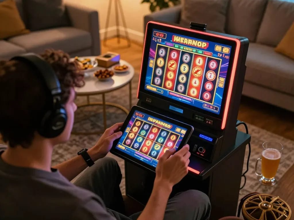 Player enjoying a slot game on a tablet in a cozy home setting, showcasing modern online gambling.
