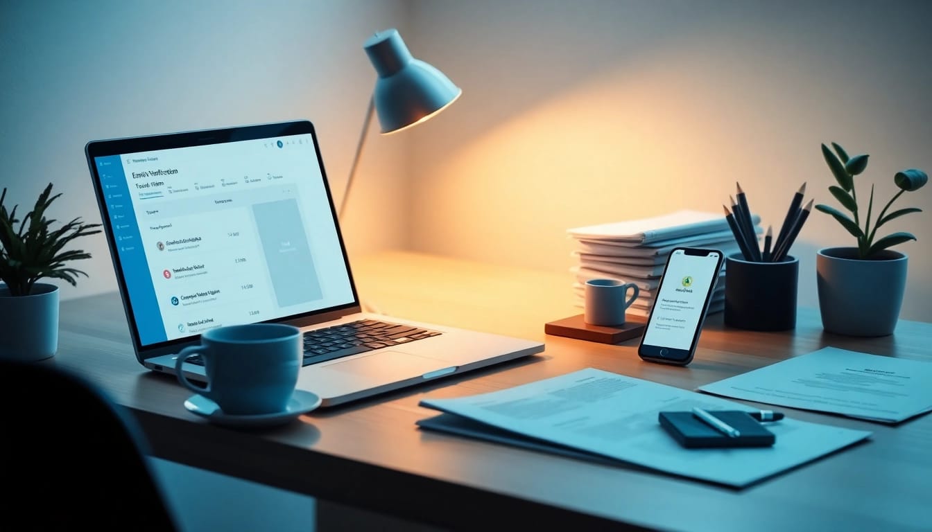 Scene depicting online email verification in a professional workspace with a laptop and clean desk.
