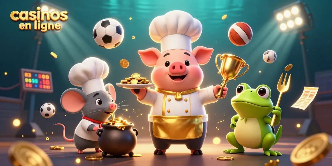 Des joueurs excitants dans des casinos en ligne jouant avec des jetons d'or et des éléments de paris sportifs.