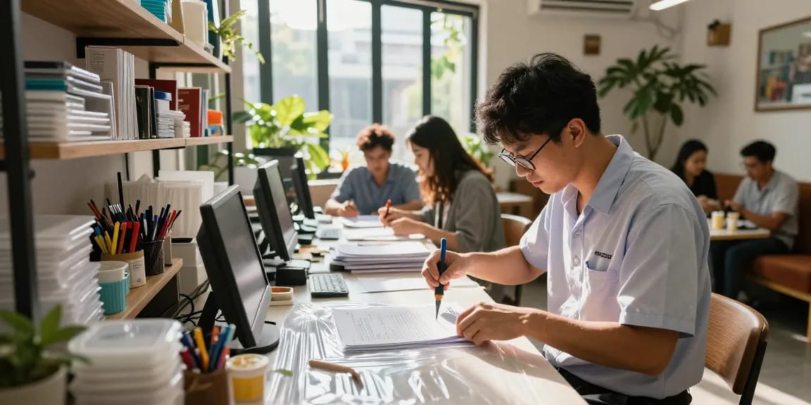 Bóc ép plastic tại Hà Nội với một kỹ thuật viên chuyên nghiệp loại bỏ plastic khỏi các tài liệu quan trọng tại một trung tâm dịch vụ chuyên nghiệp.