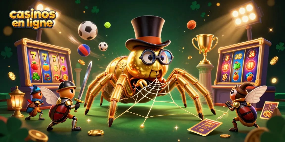 Casinos en ligne : illustration dynamique d'un tarentule dorée et d'un chevalier scarabée dans un décor de casino