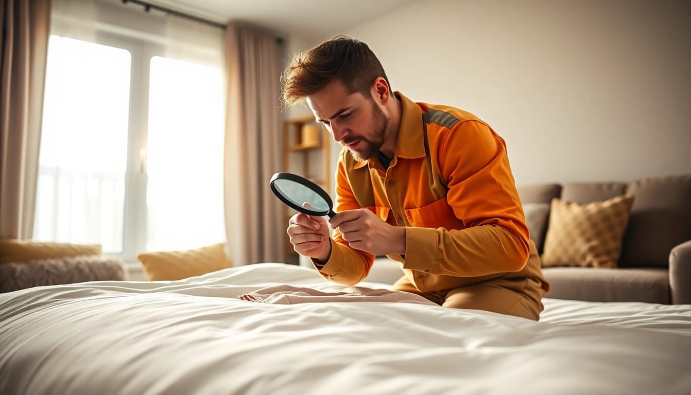 Milwaukee bed bug exterminators inspecting a bed in a clean living room setting