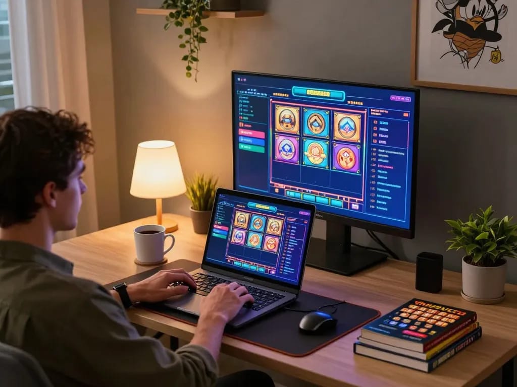 Engaging player enjoying slot thailand games during cozy home gaming session