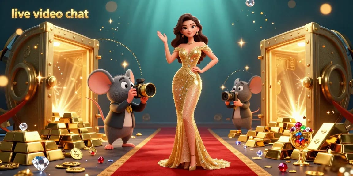 Experience engaging live video chat in this dynamic casino-themed 3D illustration featuring golden treasures and vibrant characters.