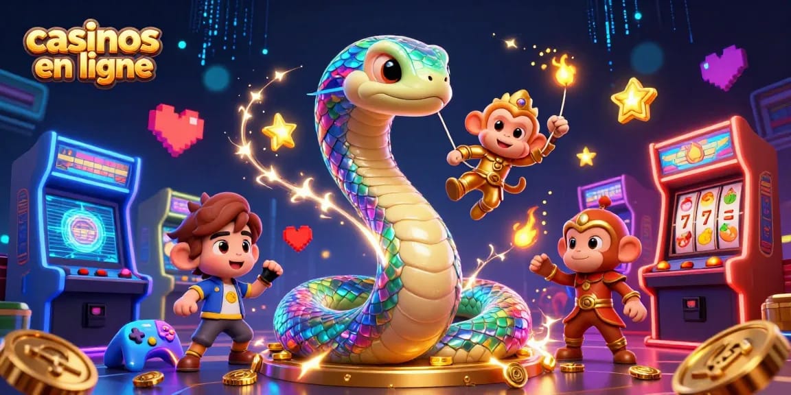 Scène dynamique illustrant des jeux casinos en ligne avec un serpent arc-en-ciel et un roi singe.
