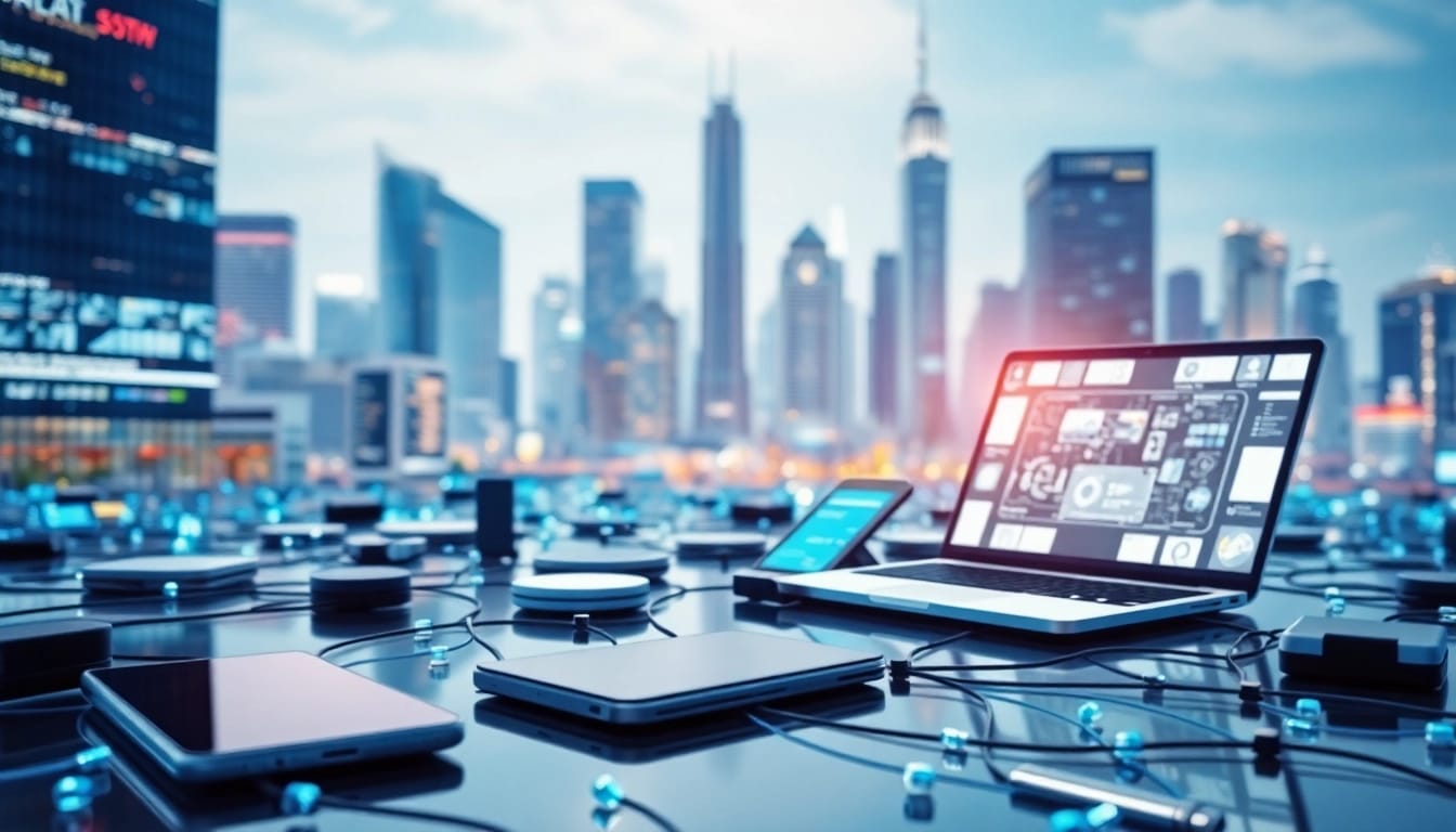 Engaging visual of Technology featuring interconnected digital devices in a vibrant urban landscape.