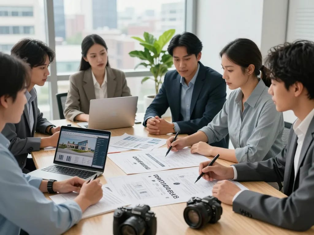 We buy houses for cash professionals discussing property offers in a modern office.