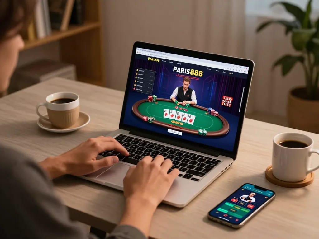 Bermain poker online di paris888 dengan laptop, menampilkan langkah-langkah strategis.