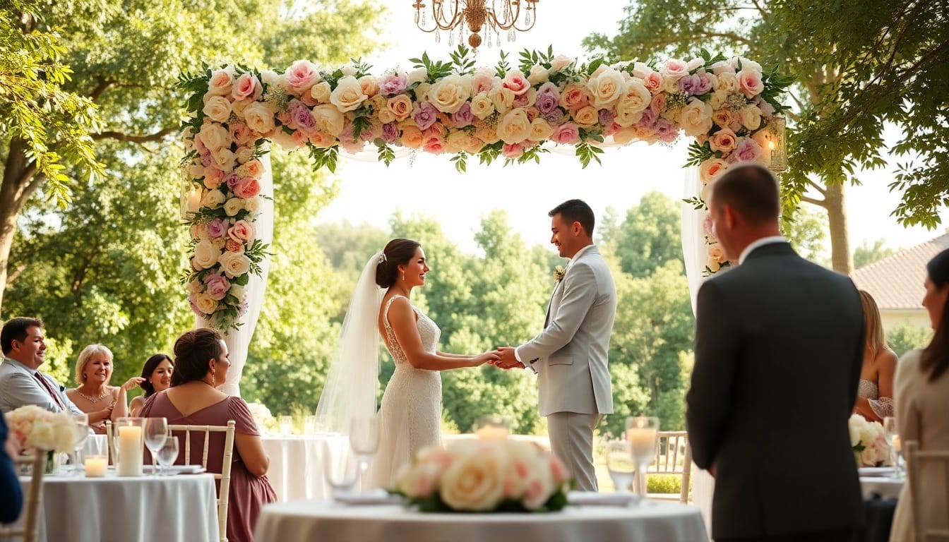 Tampa weddings with a couple exchanging vows under a floral arch.