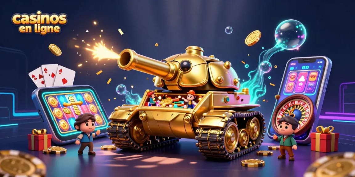 Découvrez des casinos en ligne captivants avec cette illustration d'un tank en forme de scarabée doré dévoilant un casino miniature.