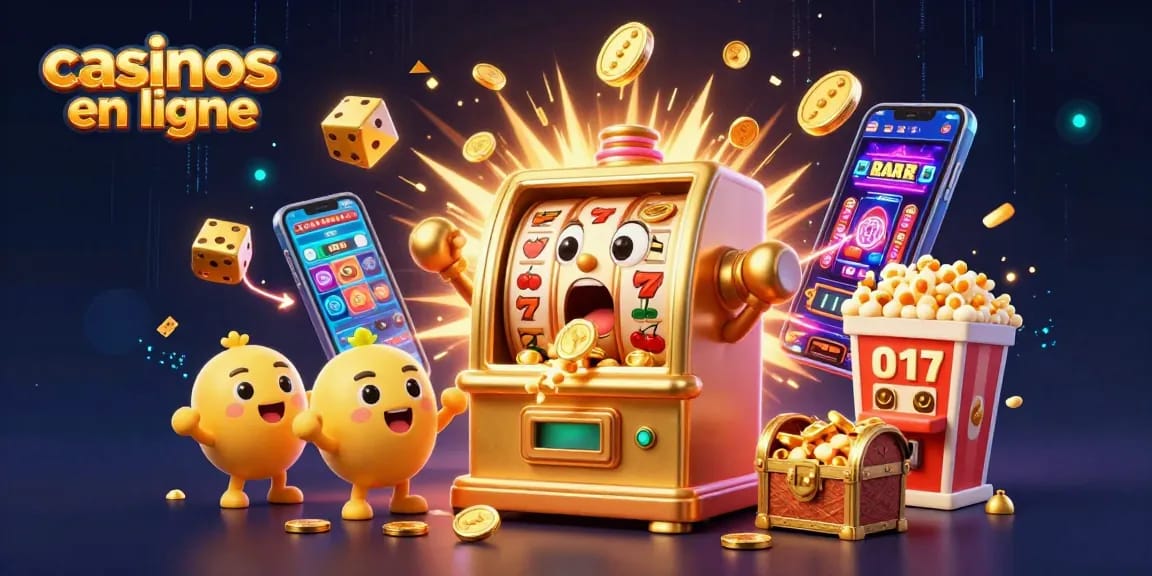 Visuel dynamique de casinos en ligne avec une machine à sous dorée révélant un jackpot fulgurant