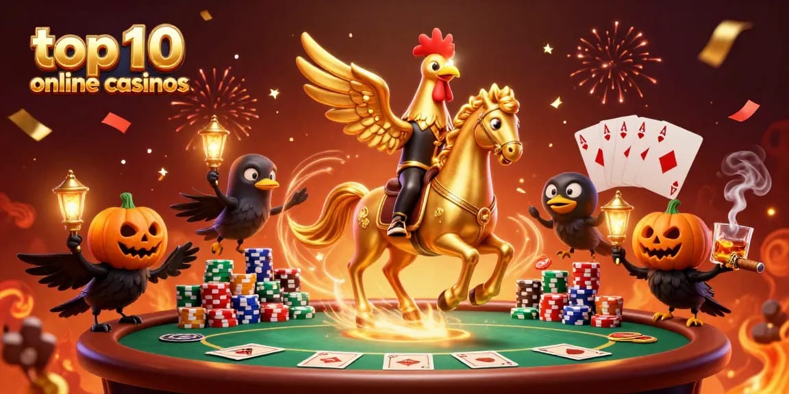 Experience thrilling action at top 10 online casinos featuring a golden rooster and vibrant casino elements.