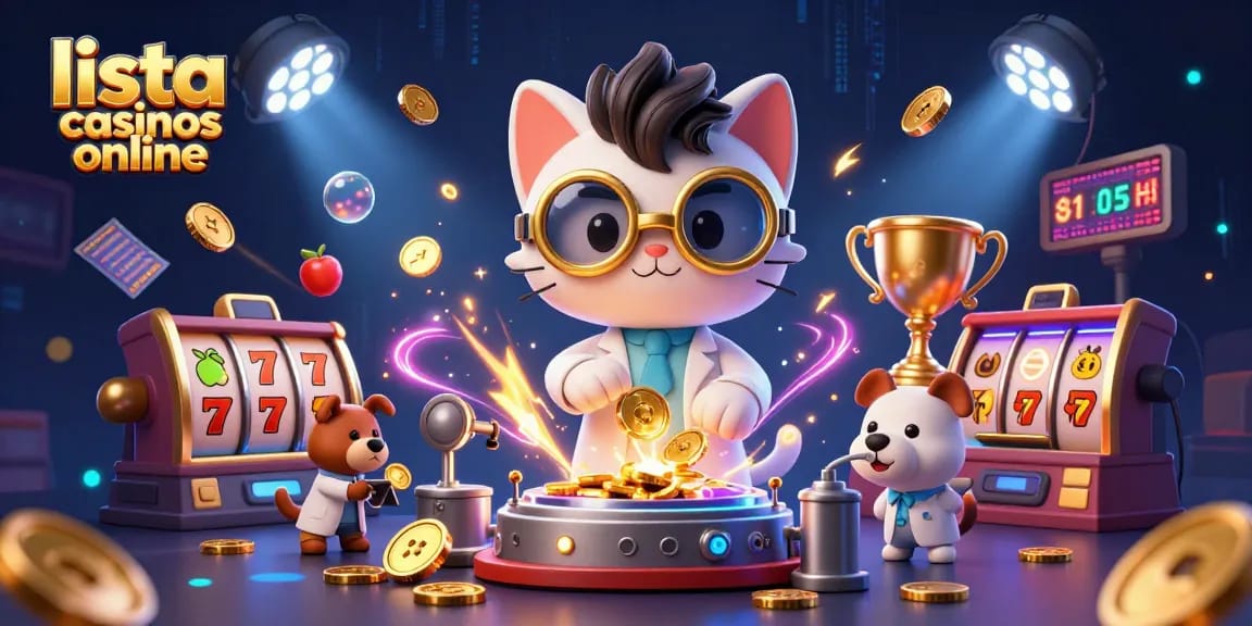 Lista de casinos online: ilustración de un gato científico creando una máquina de monedas en un casino lleno de emoción.