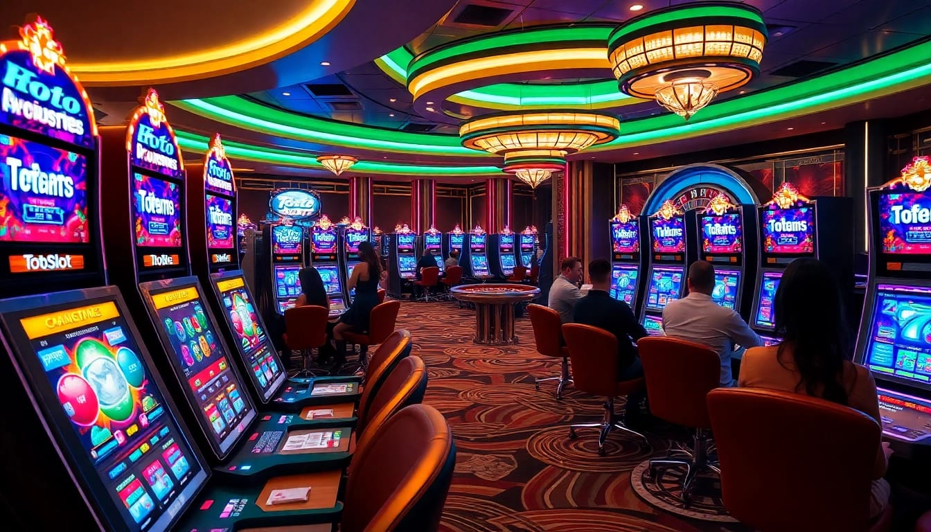 Toto slot gaming scene with players enjoying luxury slot machines in a vibrant casino atmosphere.