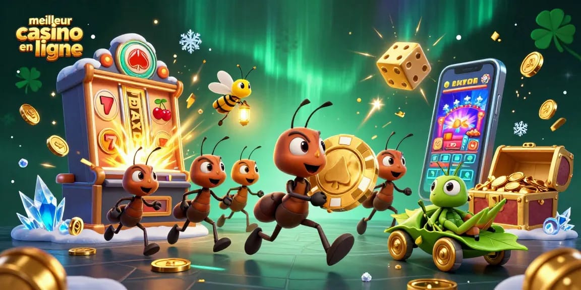 Illustration dynamique présentant le meilleur casino en ligne avec des fourmis transportant une puce de poker dorée.