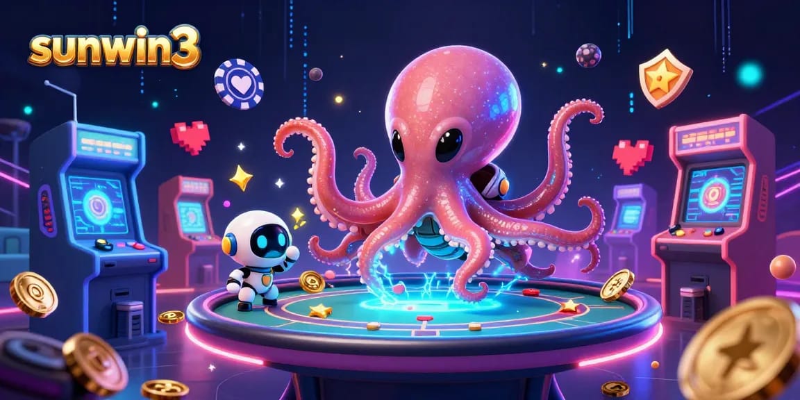 Experience thrilling gameplay at sunwin3 with a vibrant, dynamic casino scene showcasing an alien octopus at a holographic poker table.
