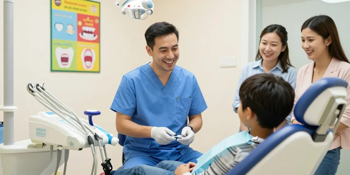 Child in dental chair with orthodontist explaining Orthodontic expanders for kids Hawthorn in a friendly clinic.