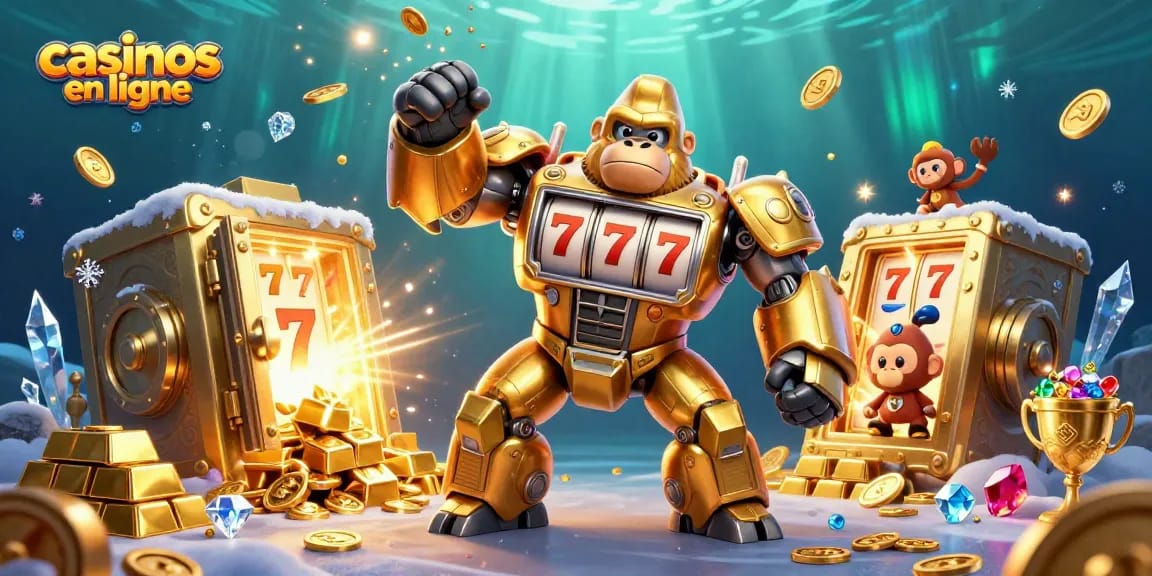 Plongez dans l'univers des casinos en ligne avec ce gorille mech doré en action, entouré de richesses.