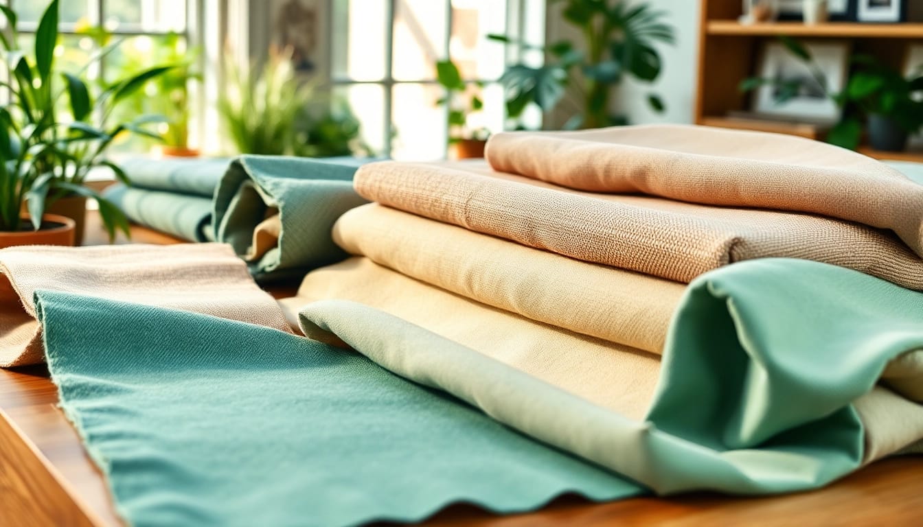 Duurzame stoffen assortiment met verschillende stoffen op een houten tafel, gepresenteerd in een natuurlijke omgeving.