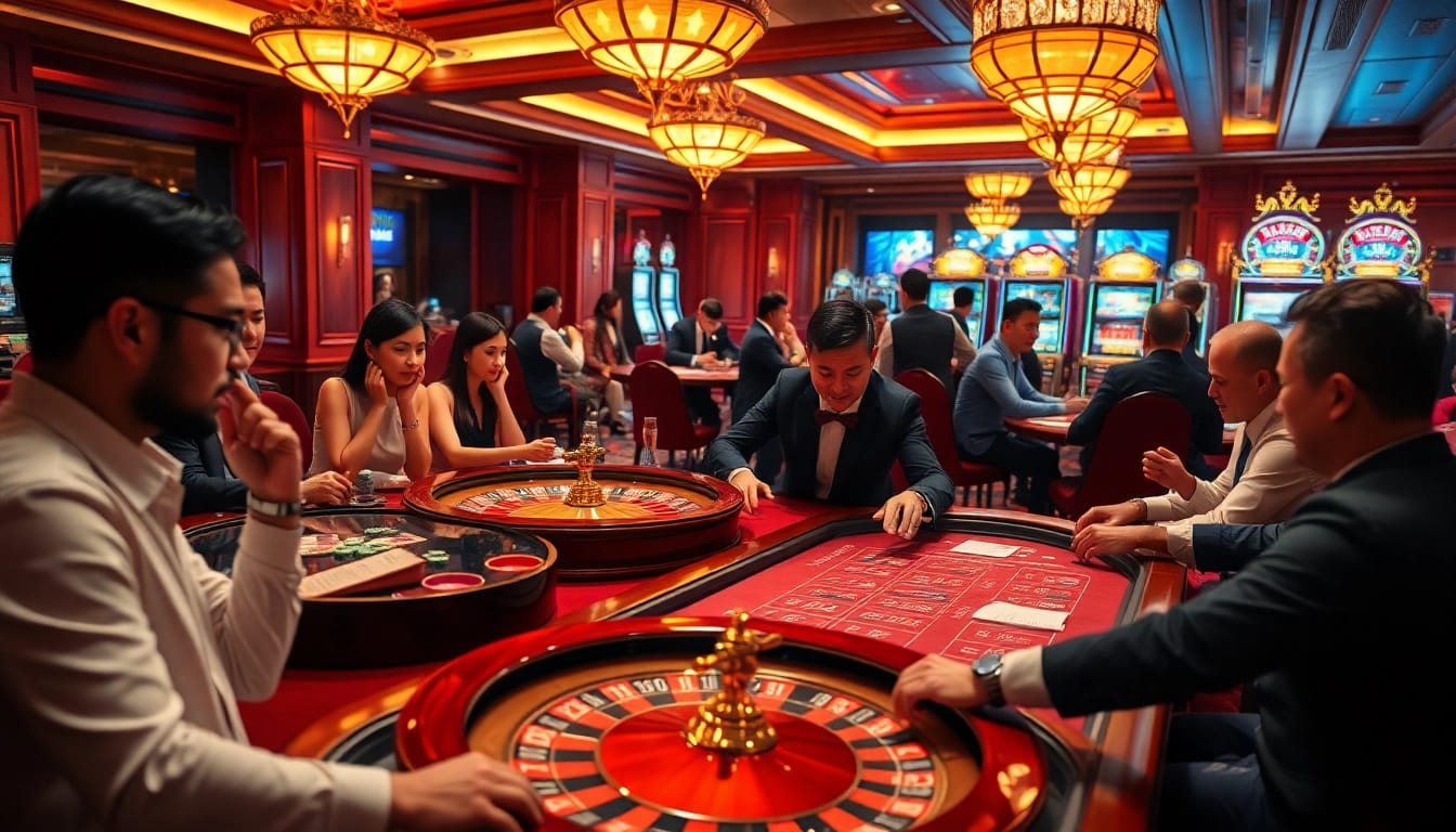 RR99 players enthusiastically betting at luxurious casino tables in an exciting gambling environment.