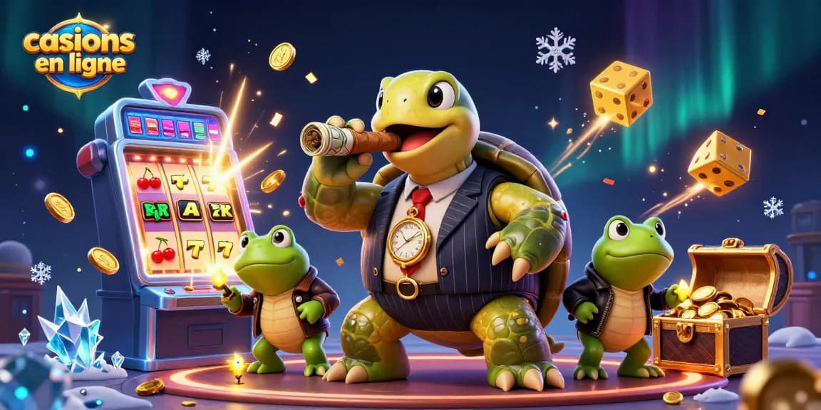 Casinos en ligne : l'illustration dynamique d'un casino animé avec une tortue et des grenouilles.