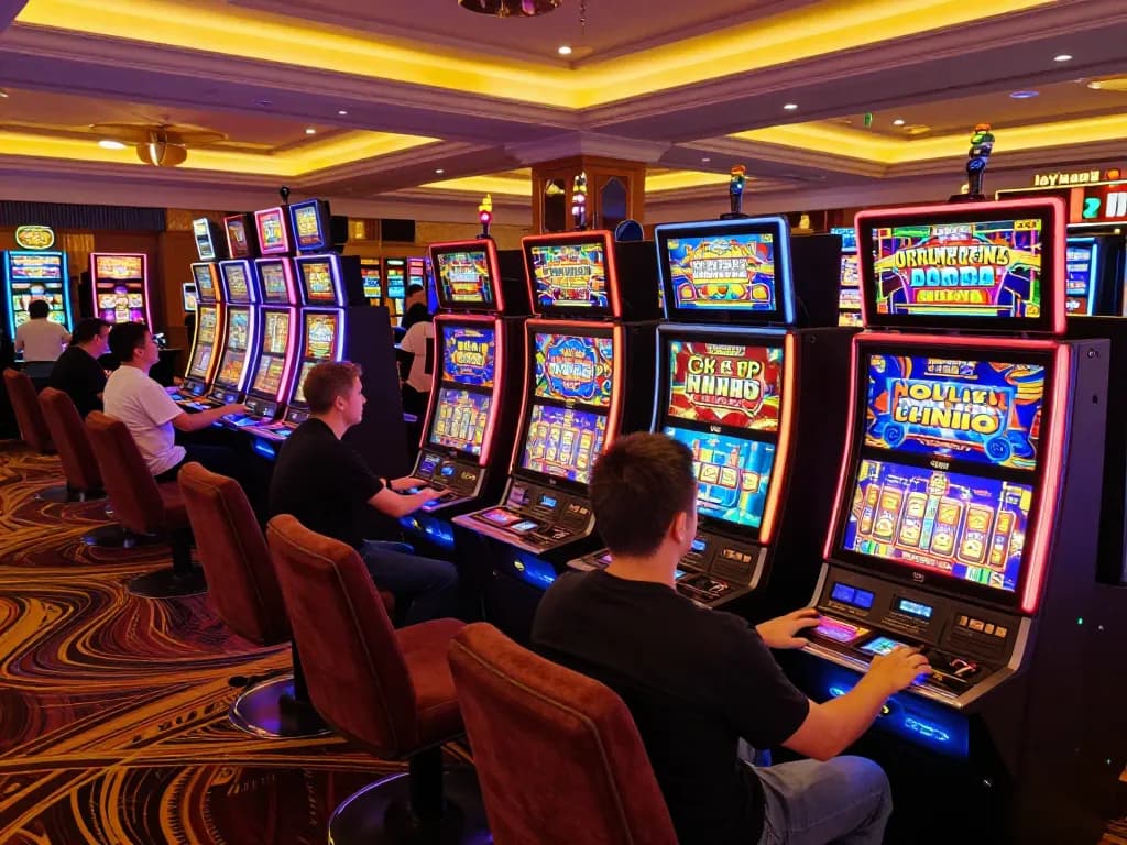 Players engaged in slot gaming, fingers poised on spin buttons amidst colorful machine displays.