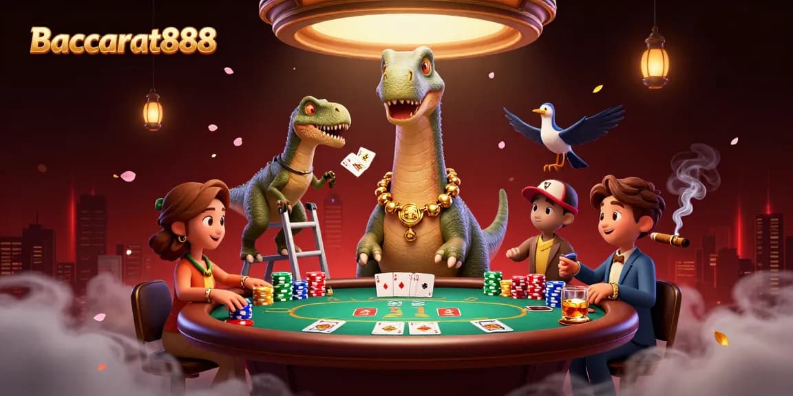 Baccarat888 engages players with vibrant 3D casino illustration featuring animated characters and poker elements for immersive gameplay.