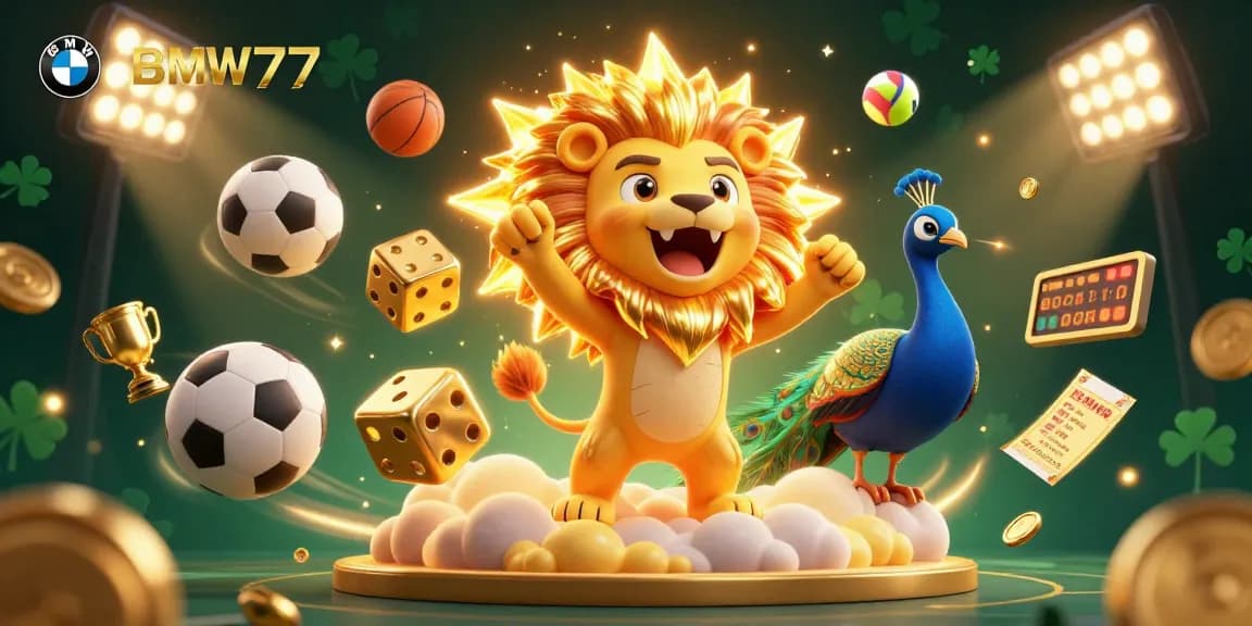 Experience excitement with BMW777 in a vibrant casino scene featuring roaring golden lion and cosmic sports elements.
