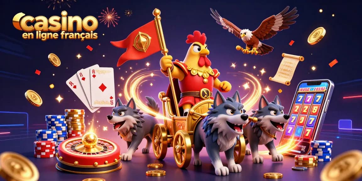 Jouez au casino en ligne français avec un roi coq guerrier et des éléments de jeux dynamiques.