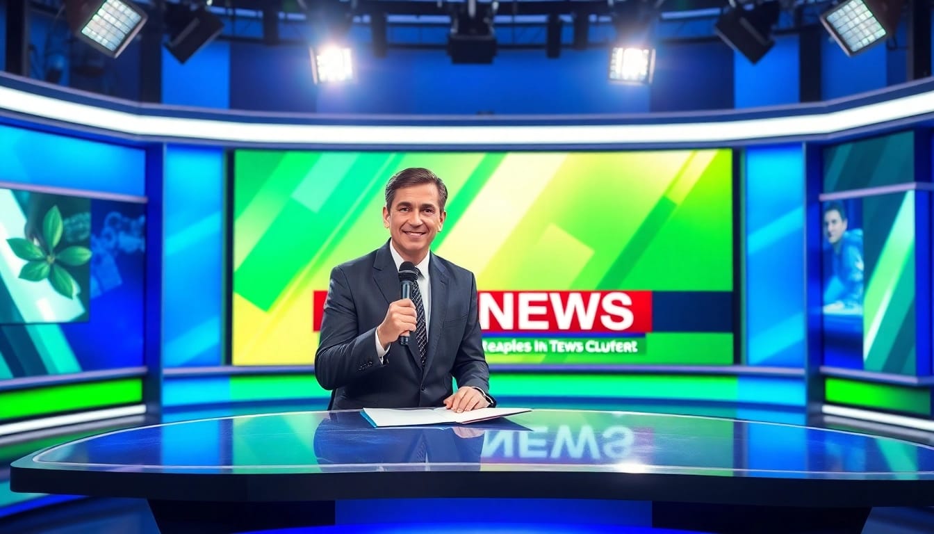 Engaging news anchor reporting breaking news in a modern studio setup.