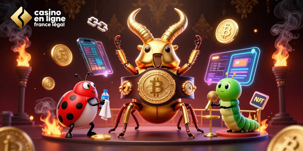 Illustration dynamique de casino en ligne légal en France avec un scarabée doré et un micro sur scène.