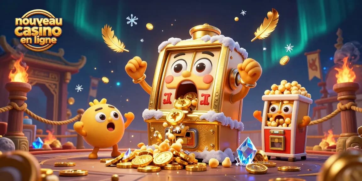 Illustration dynamique de nouveau casino en ligne présentant une machine à sous frappant le jackpot avec un sourire choqué.