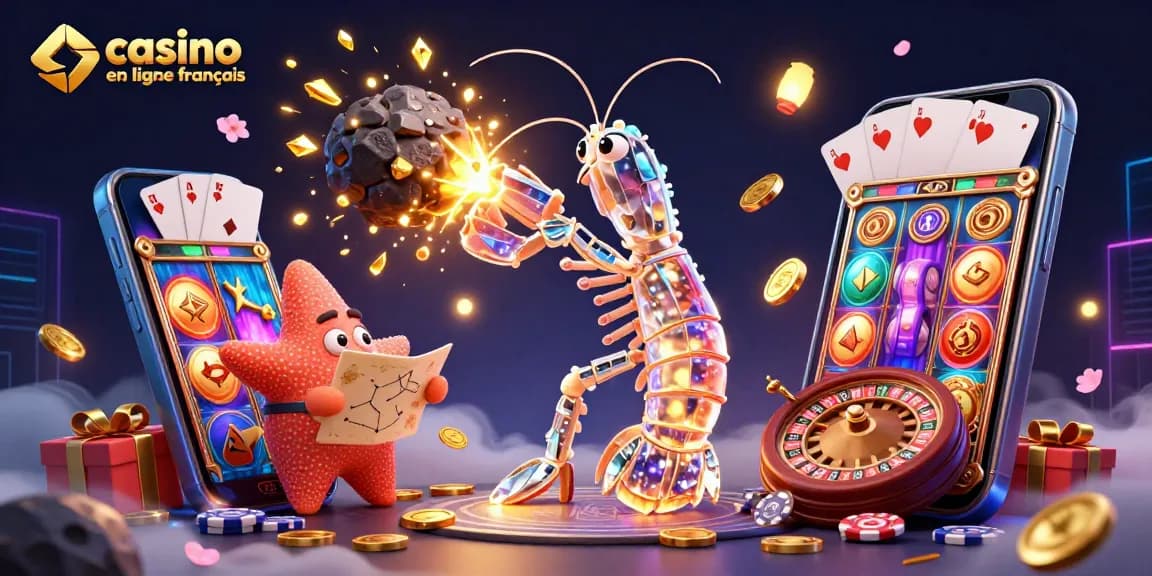 Illustration dynamique d'un mantis crevette samouraï dans un casino en ligne français en pleine rage de gains avec des pièces d'or.