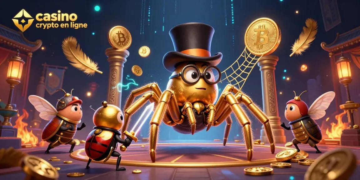 Sessions de jeux passionnantes sur un casino crypto en ligne avec une tarentule dorée et un chevalier courageux.