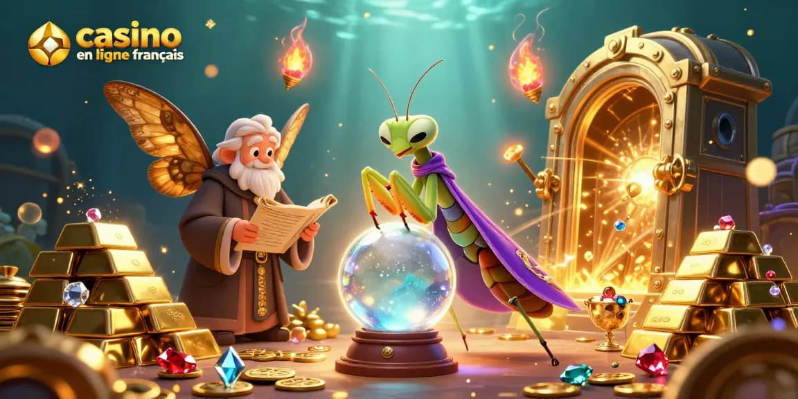 Visualiser un monde captivant de casino en ligne français avec des personnages mystiques et des trésors scintillants.