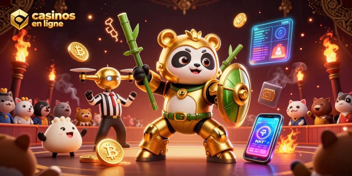 Plonger dans les casinos en ligne avec un panda en mech, des pièces de crypto et une scène animée.