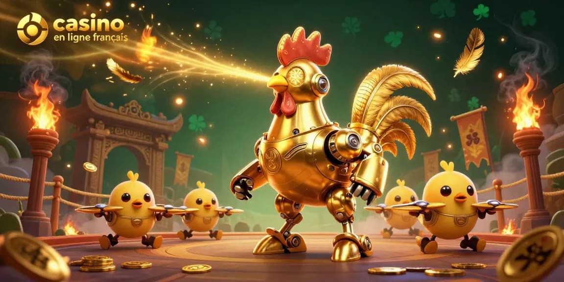 Plongez dans un casino en ligne français avec un robot coq futuriste et des drones