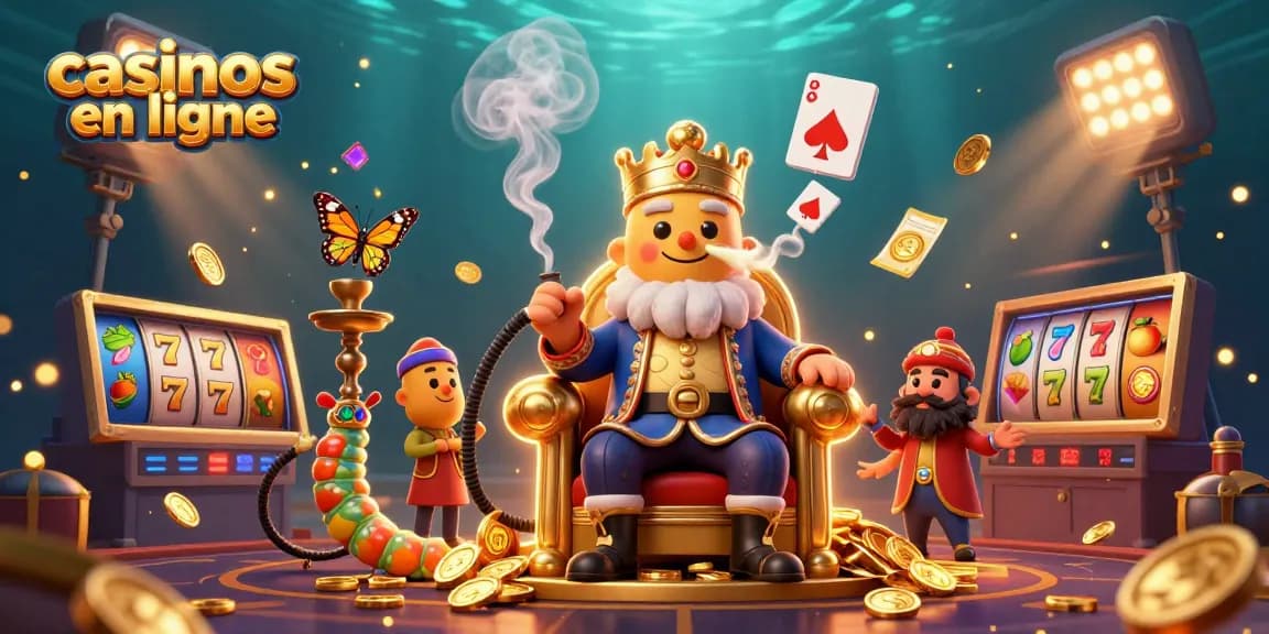 Les casinos en ligne présentent un maître de narguilé chenille sur un trône doré, entouré de rouleaux de machines à sous et de pièces d'or.