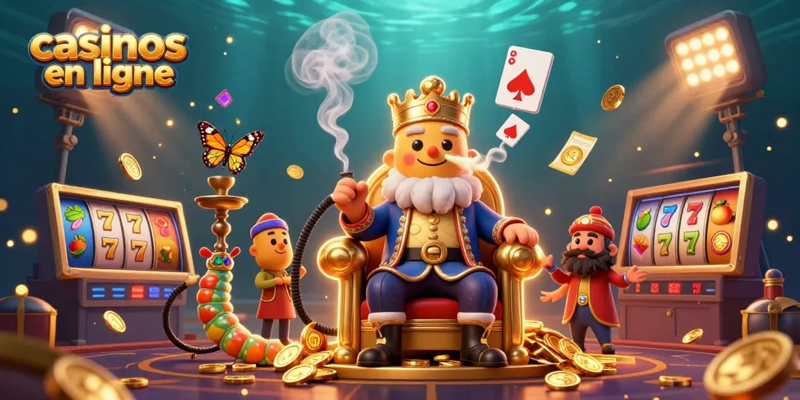 Les casinos en ligne présentent un maître de narguilé chenille sur un trône doré, entouré de rouleaux de machines à sous et de pièces d'or.
