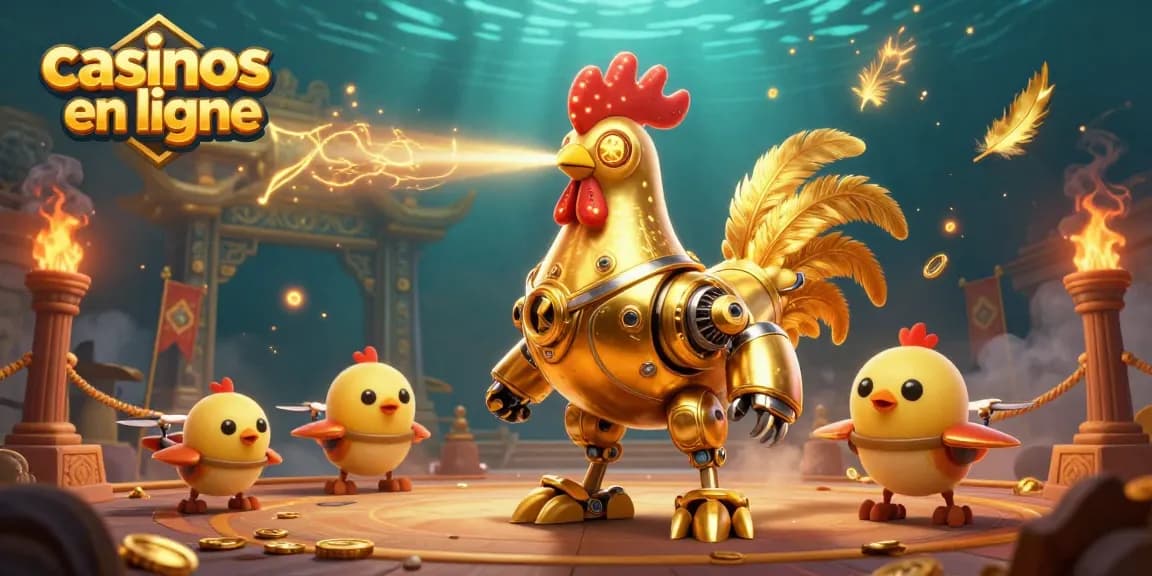 Vivez l'expérience des casinos en ligne avec un robot coq en or combattant dans une arène flamboyante.