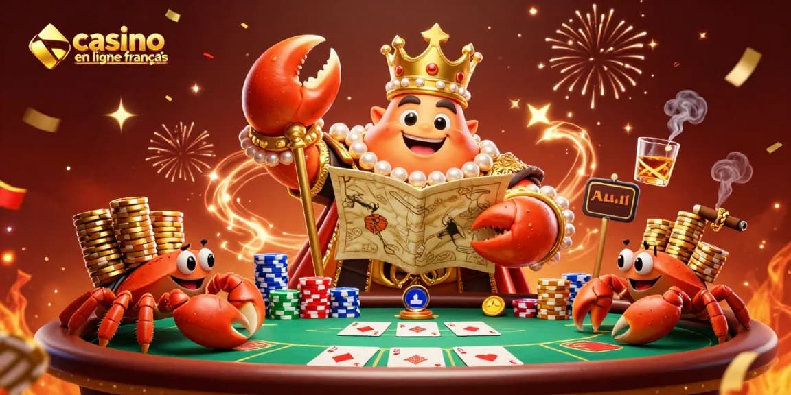 Visitez le casino en ligne français avec le roi crabe et des crabes serviteurs, entouré de jetons de poker et de feux d'artifice.