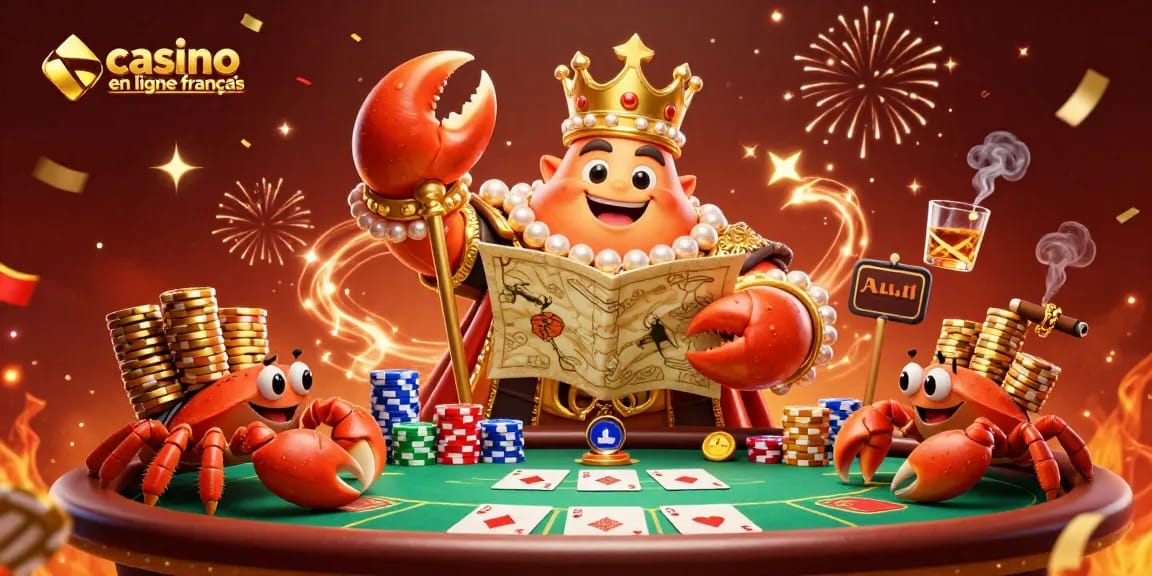 Visitez le casino en ligne français avec le roi crabe et des crabes serviteurs, entouré de jetons de poker et de feux d'artifice.