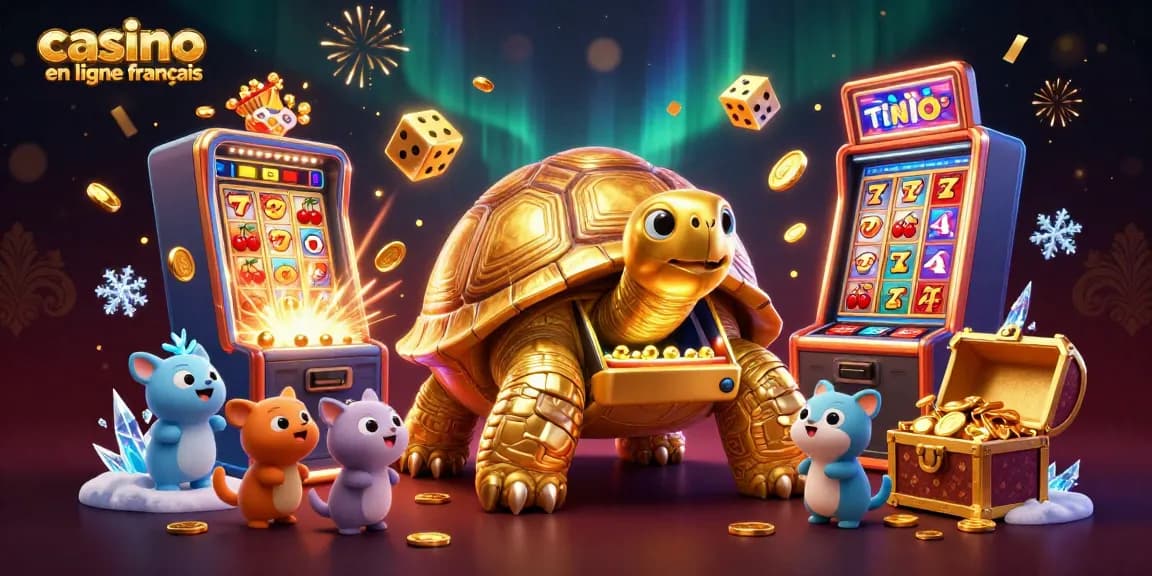 Jouez au casino en ligne français avec une illustration colorée d'une tortue dorée et de machines à sous.