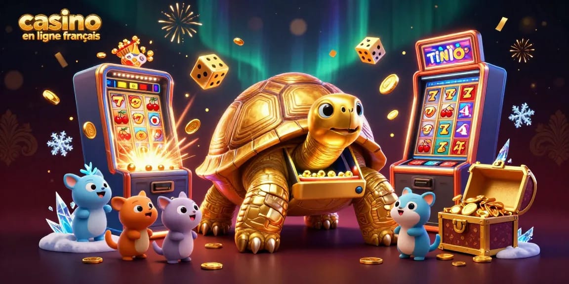 Jouez au casino en ligne français avec une illustration colorée d'une tortue dorée et de machines à sous.