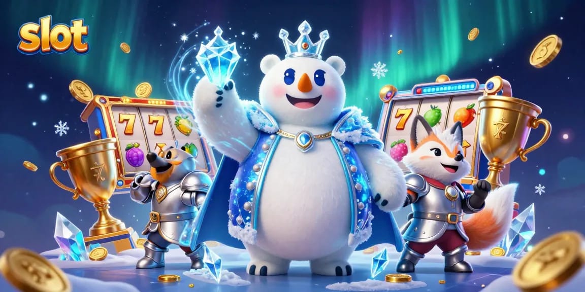 Spin the slot reels with the royal ice king and snow fox for big wins in this enthralling casino scene.