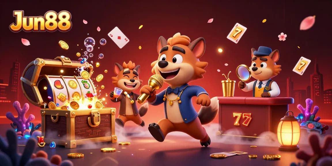 Jun88 hyena casino characters entertain with comedy, drinks, and security in a vibrant digital illustration.