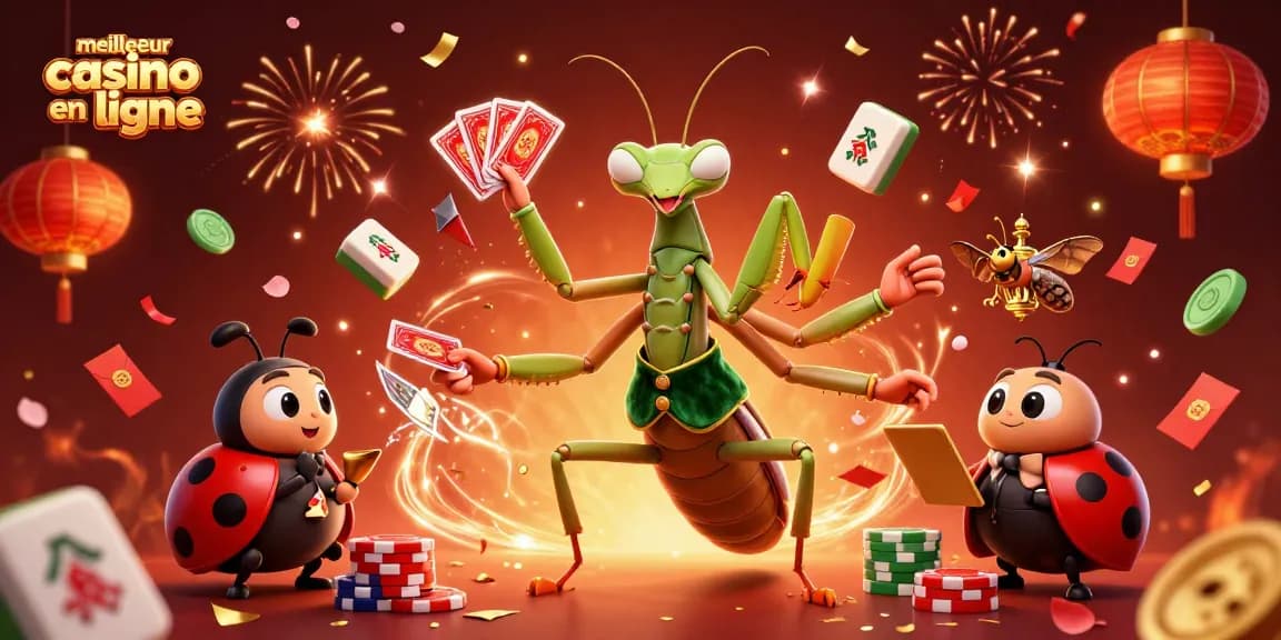 Découvrez le meilleur casino en ligne avec un mante religieuse à la carte, entouré de jetons et de lanternes.
