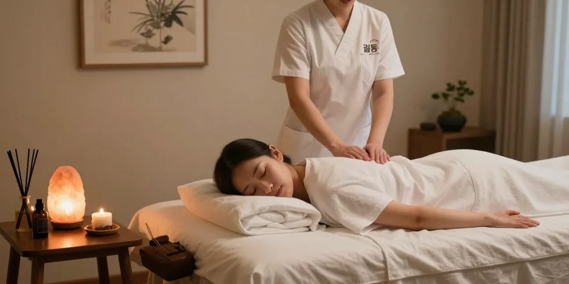 길동출장마사지 세션을 준비하는 마사지사와 편안한 마사지룸의 모습
